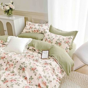 Lenjerie de Pat Finet 6 Piese Verde cu Floricele