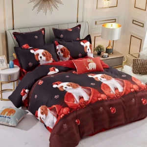 Lenjerie de Crăciun Pat Dublu cu Elastic - Bumbac Finet 6 Piese