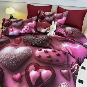 Lenjerie de pat Finet 6 piese cu elastic Imprimeu Digital 5D Inimioare - imagine 1