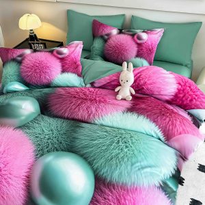 Lenjerie de pat Finet 6 piese cu elastic Imprimeu Digital 5D, Menta Roz - imagine 1