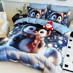 Lenjerie de Crăciun Pat Dublu cu Elastic - Imprimeu 5D 6 Piese - imagine 1