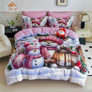 Lenjerie de Crăciun Pat Dublu cu Elastic - Imprimeu 5D 6 Piese