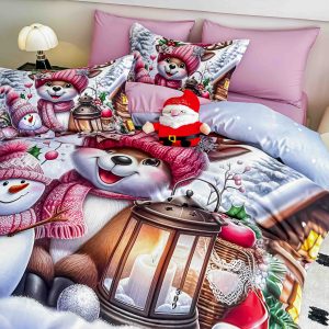 Lenjerie de Crăciun Pat Dublu cu Elastic - Imprimeu 5D 6 Piese - imagine 1
