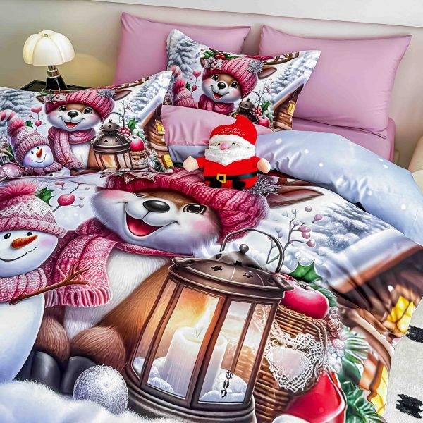 Lenjerie de Crăciun Pat Dublu cu Elastic - Imprimeu 5D 6 Piese - imagine 1