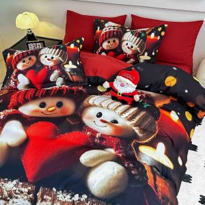 Lenjerie de Crăciun Pat Dublu cu Elastic - Imprimeu 5D 6 Piese - imagine 1