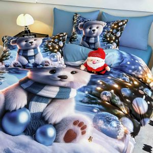 Lenjerie de Crăciun Pat Dublu cu Elastic - Imprimeu 5D 6 Piese - imagine 1